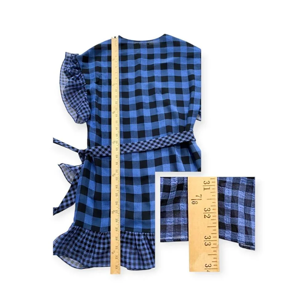 Tularosa Jenny Blue and Black Buffalo/gingham Plaid Wrap Mini Dress, Size M